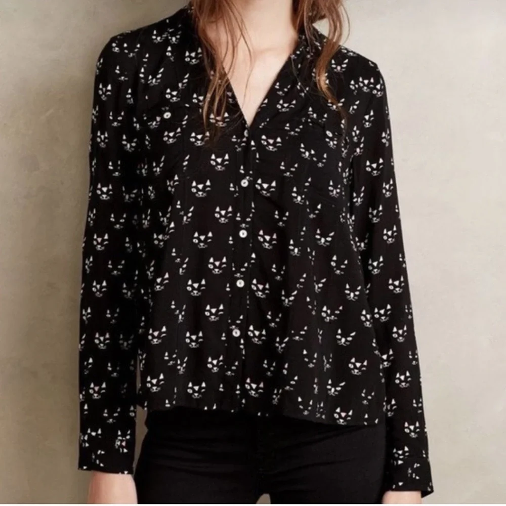 Maeve by Antropology Black Cat Print Blouse - Picture 1 of 11